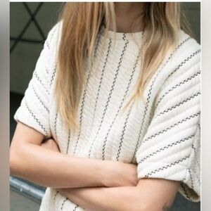 Zara White Crew Neck Sweater with Pinstripe Detail